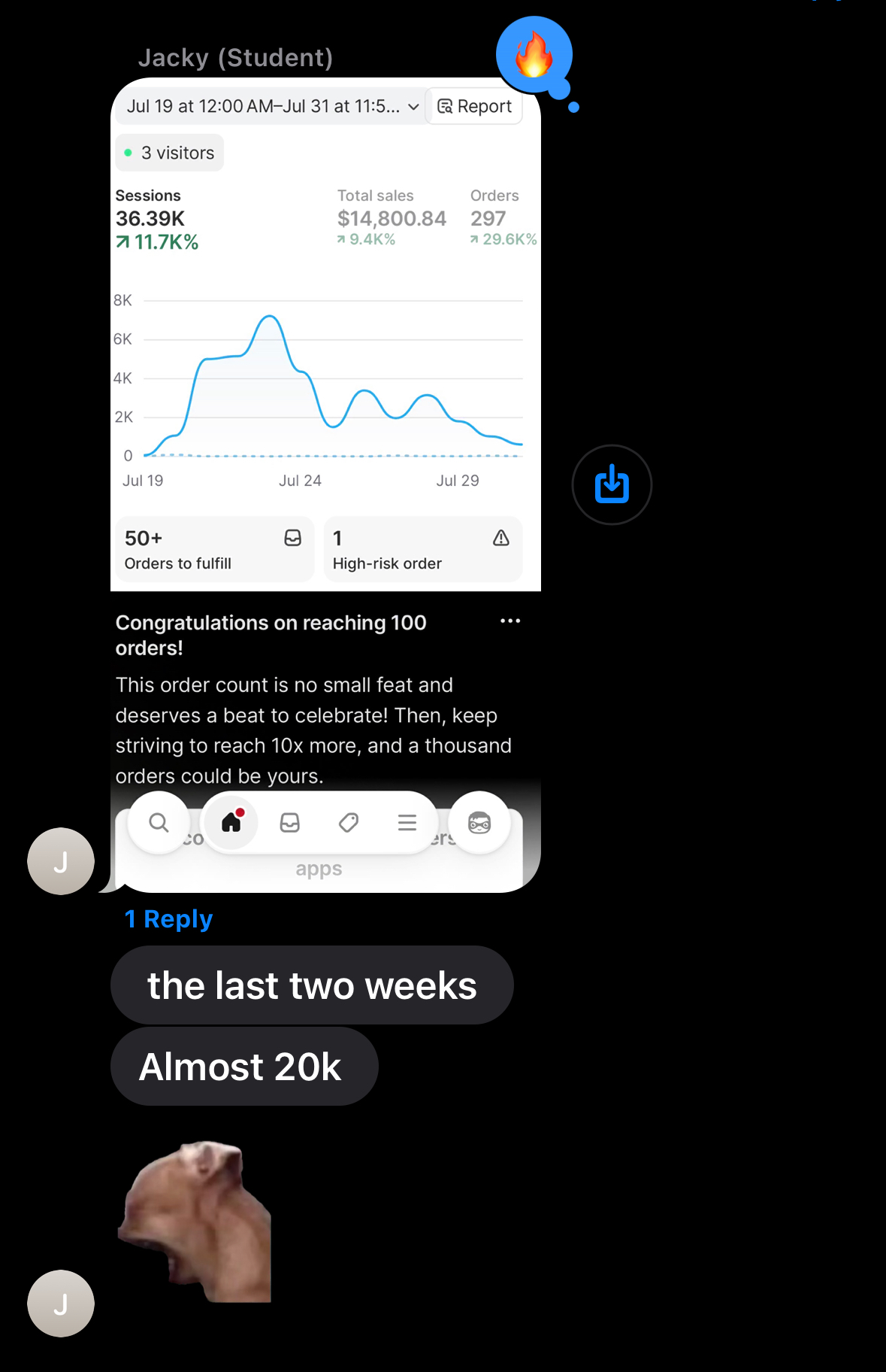 Jacky's supplied student sales screenshot and messages.
