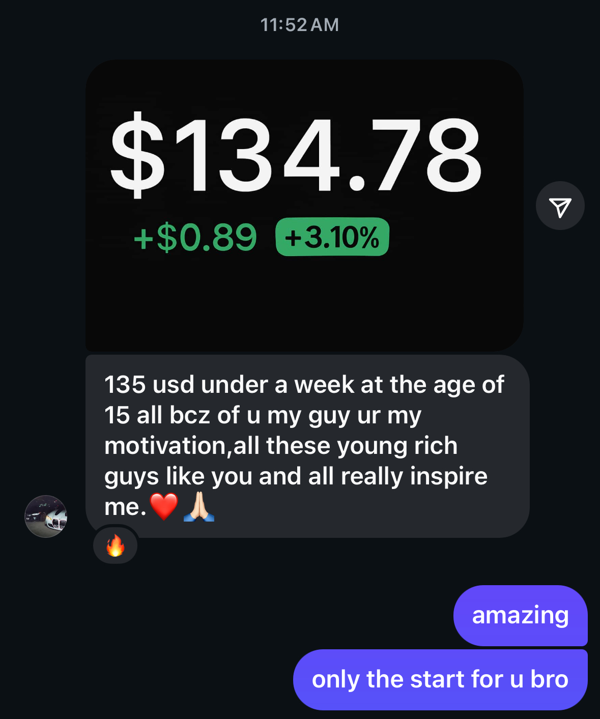Student message sharing $134.78 and thanking their coach for the motivation.