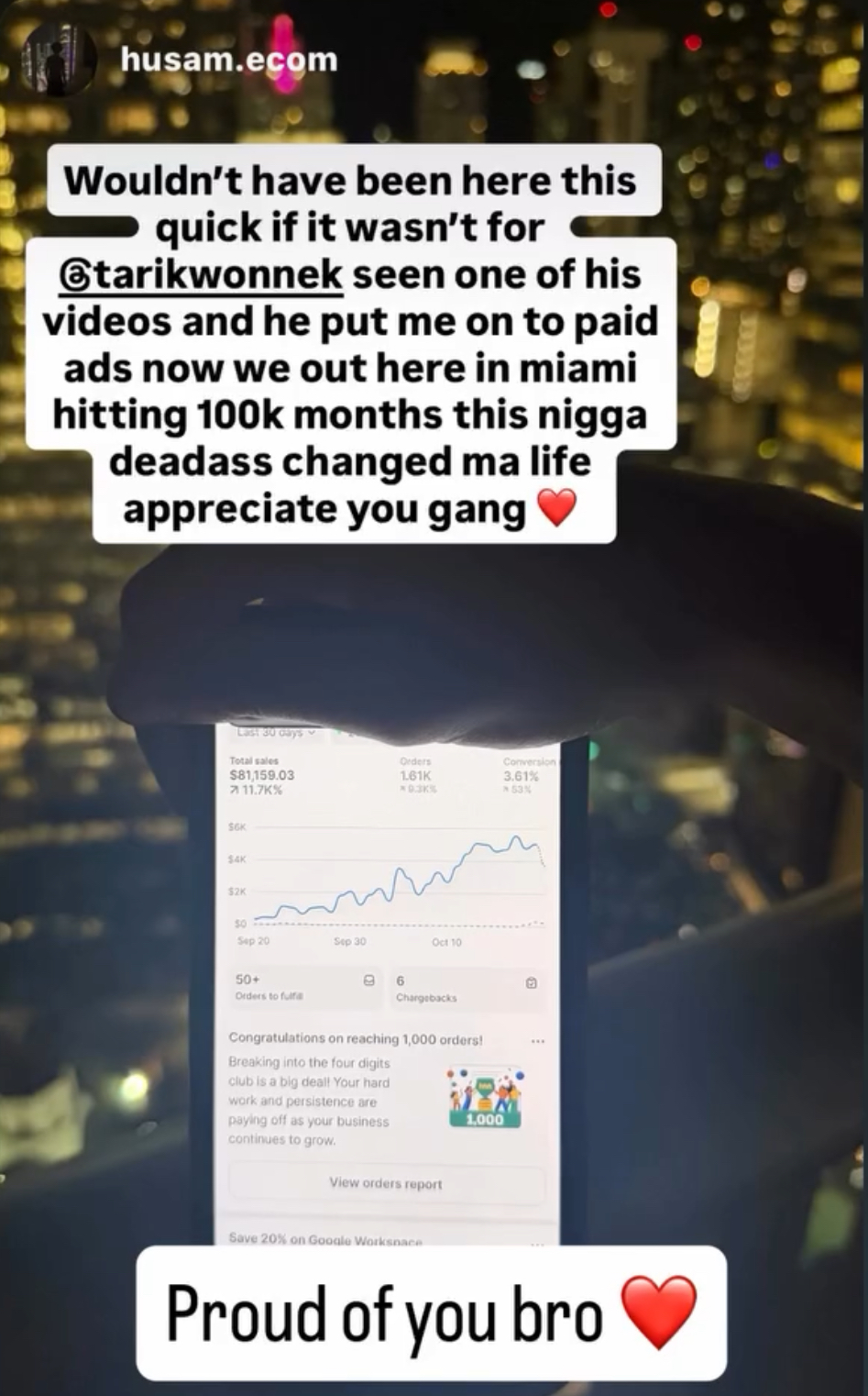 Instagram story from @husam.ecom thanking @tarikwonnek, showing $81,159.03 in total sales over the last 30 days.